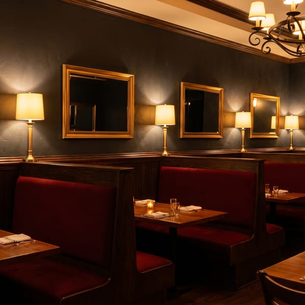 Dimly lit restaurant interior with red booths, wooden tables, and gold-framed mirrors on dark walls.