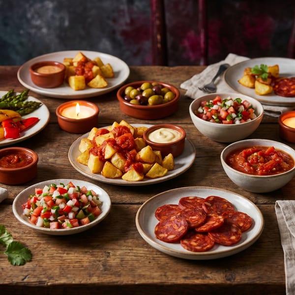 A rustic wooden table laden with various Spanish tapas dishes, lit by flickering candles.