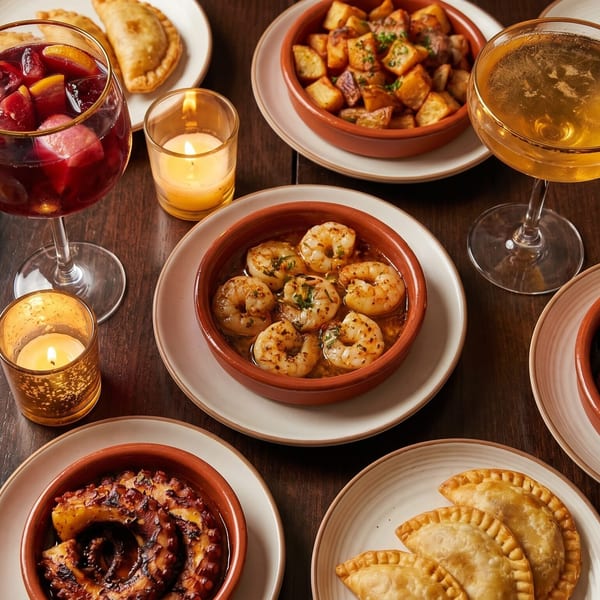 A table laden with various Spanish tapas, including empanadas, patatas bravas, shrimp, and chorizo.