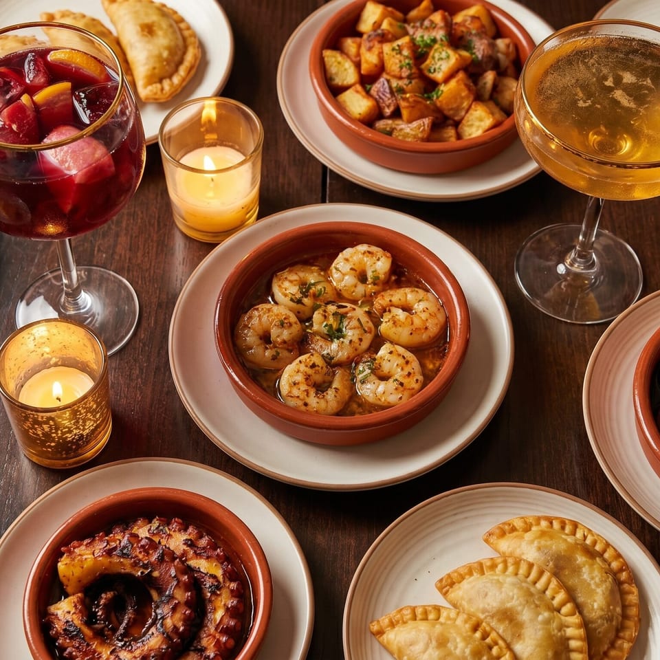 A table laden with various Spanish tapas, including empanadas, patatas bravas, shrimp, and chorizo.