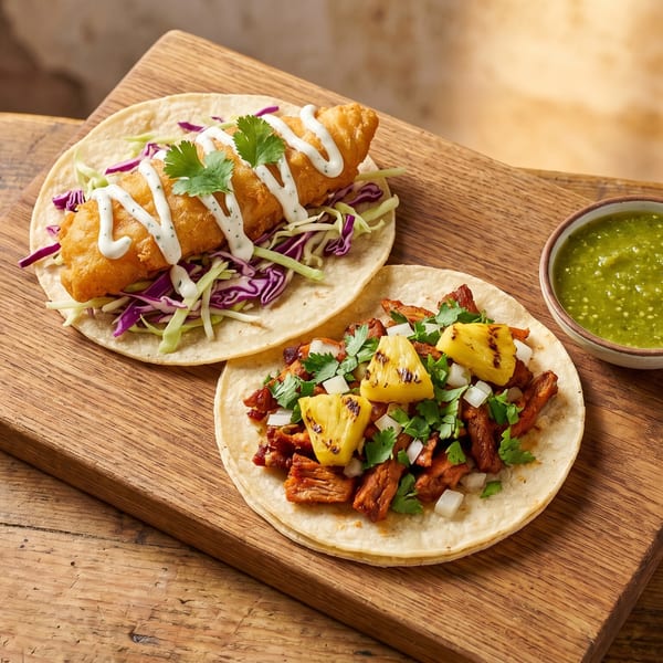 Two tacos, one fish and one al pastor with pineapple, on a wooden board with green salsa.