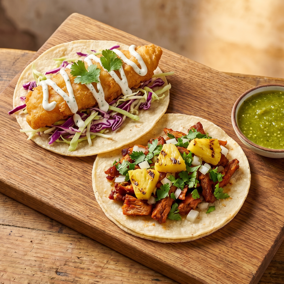 Two tacos, one fish and one al pastor with pineapple, on a wooden board with green salsa.
