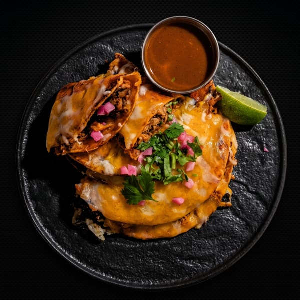 Cheesy birria tacos with cilantro, pickled onions, lime, and a side of consommé on a black plate.