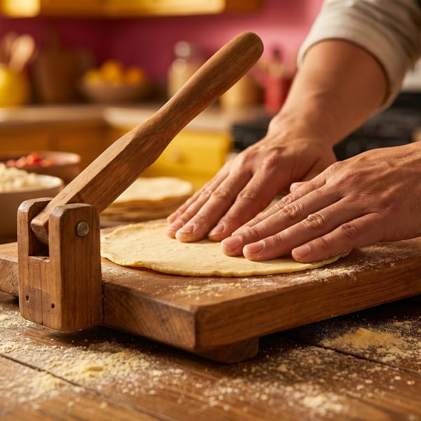 Hands pressing a tortilla on a wooden press, with bowls of ingredients in the background.