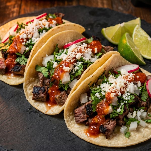 Three delicious steak tacos with salsa, cheese, cilantro, and radishes, served with lime wedges.