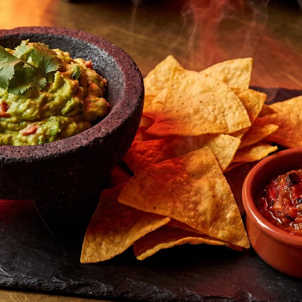 Steaming guacamole in a molcajete, with tortilla chips and salsa on a dark slate.