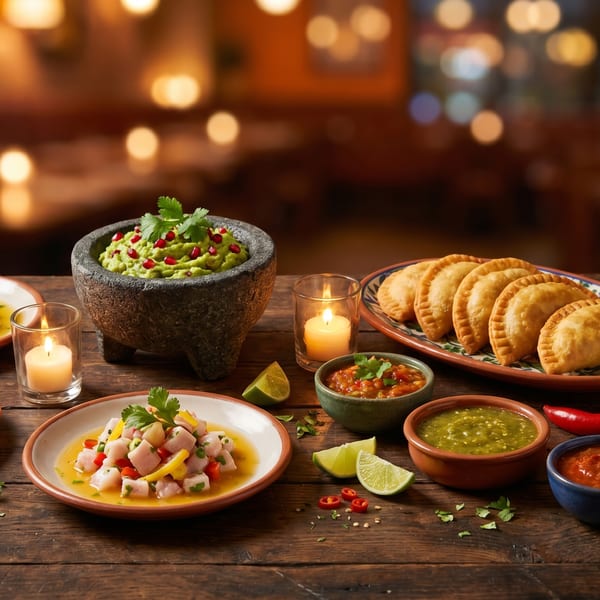 A rustic wooden table laden with ceviche, empanadas, guacamole, salsas, and lit candles.