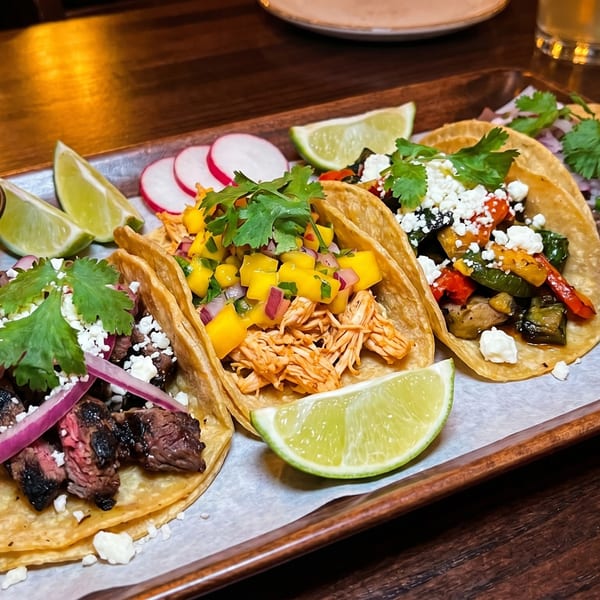 A wooden tray holds three tacos: steak, chicken with mango salsa, and vegetable, with salsas and limes.