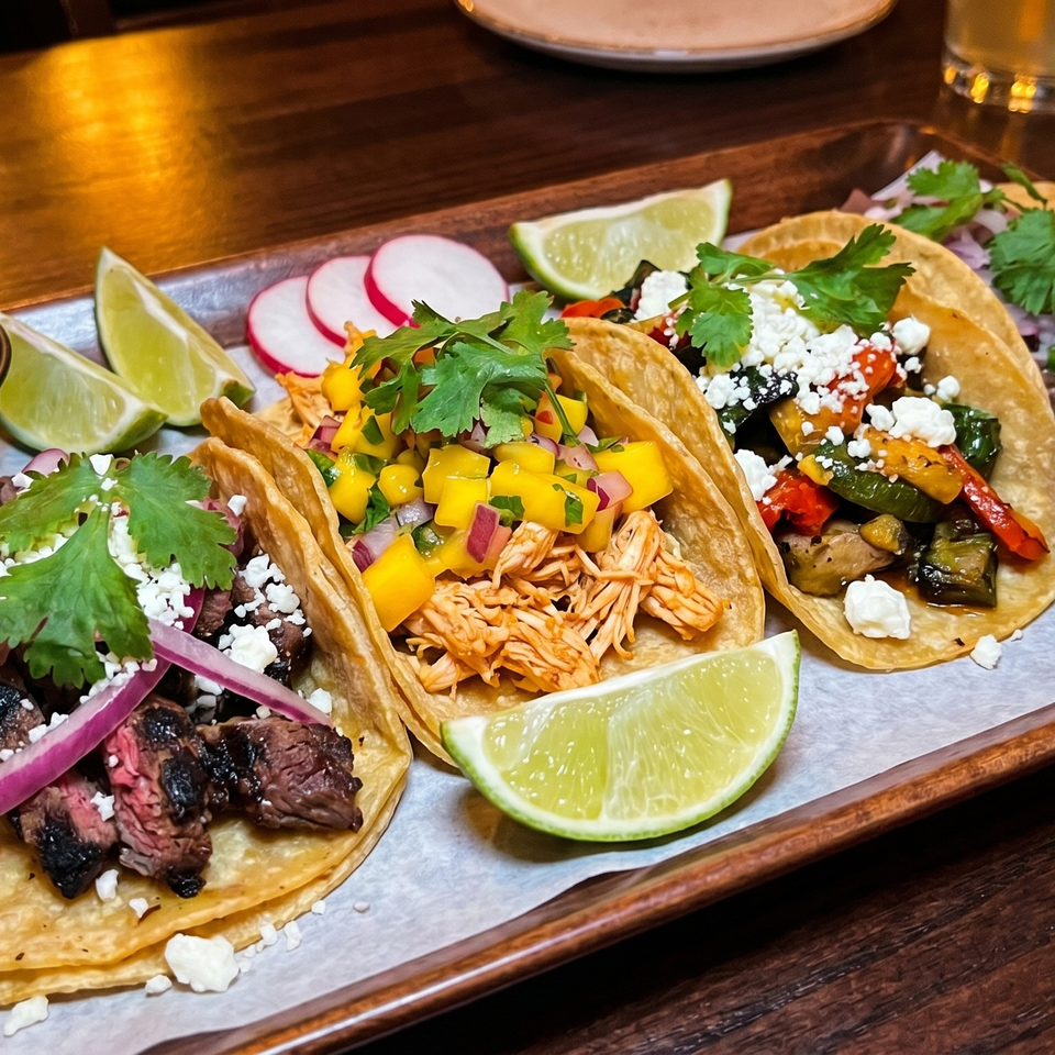A wooden tray holds three tacos: steak, chicken with mango salsa, and vegetable, with salsas and limes.
