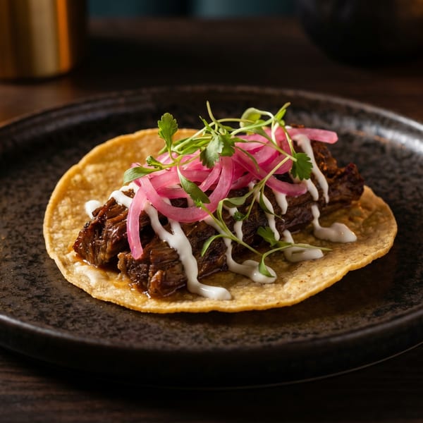 A beef taco with pickled red onions, crema, and microgreens on a dark plate, illuminated by candlelight.