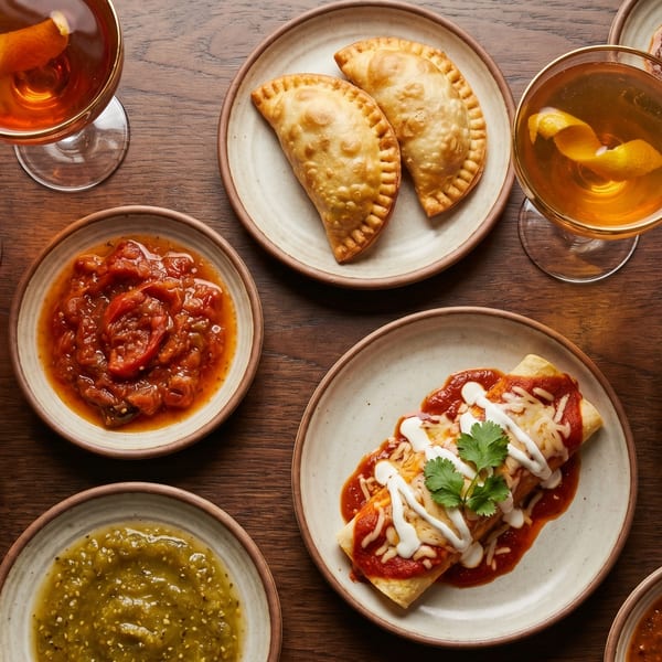 A spread of empanadas, enchiladas, guacamole, salsas, and cocktails on a wooden table.
