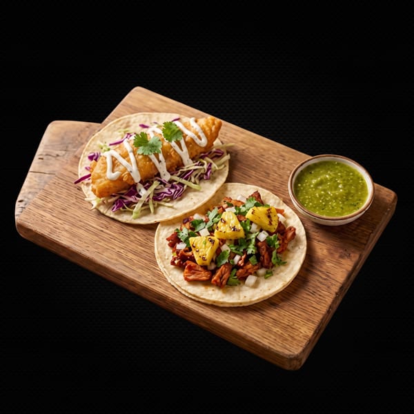 Two tacos, one fish and one al pastor with pineapple, on a wooden board with green salsa.
